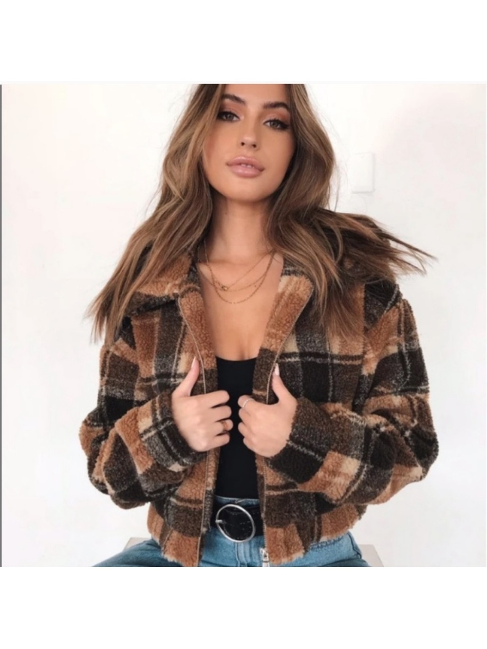 Princess Polly Doria Plaid Sherpa Jacket Cropped Brown Teddy Zip Up US 4